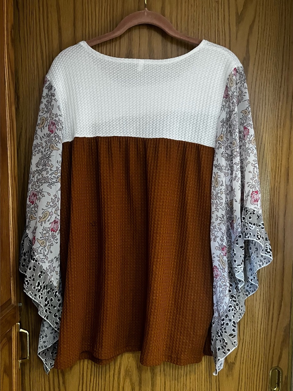 Women's White & Rust Brown Mixed-Print Peasant Top Size XL